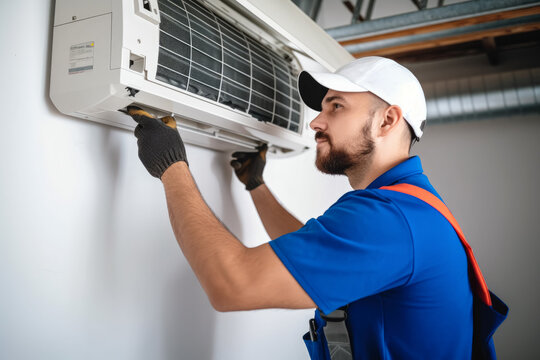 HVAC technician installing a mini split air conditioner in Midvale