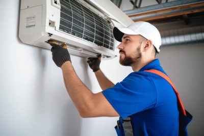 360_F_621046421_Vcay4nYa8ozdeodOQVDfES6MRrC6N3b8 Air conditioning technician servicing a wall-mounted AC unit in Midvale, UT